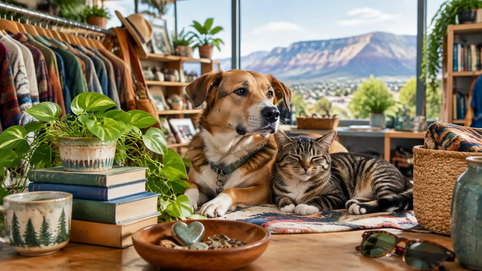 A dog and cat resting among secondhand treasures in a bright shop